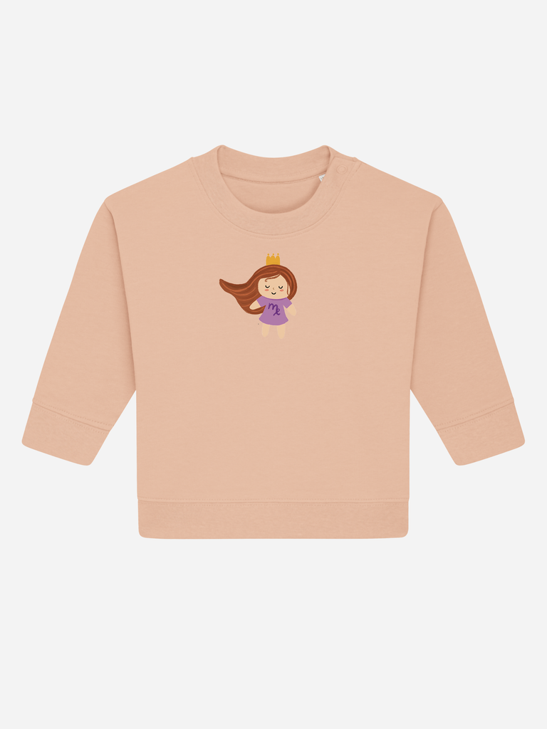 Sinnvolles Geschenk für 2-jährige Jungs & Mädchen: Personalisierbarer Bio-Pullover (0–3 J.) 'Sternzeichen Jungfrau', Frontansicht in Orange