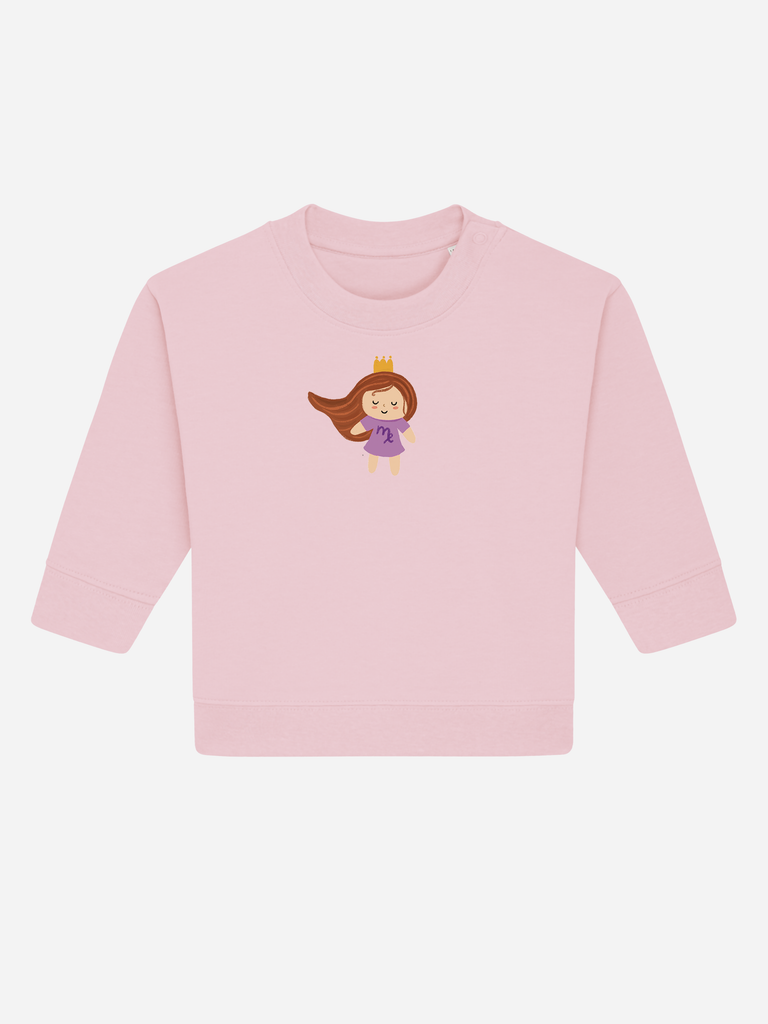 Sinnvolles Geschenk für 2-jährige Jungs & Mädchen: Personalisierbarer Bio-Pullover (0–3 J.) 'Sternzeichen Jungfrau', Frontansicht in Rosa