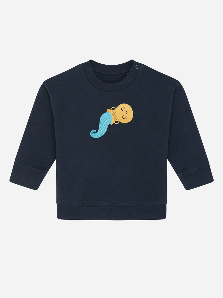 Geschenk für 2-jährige Jungs & Mädchen: Personalisierbarer Bio-Pullover (0–3 J.) 'Sternzeichen Wassermann', Frontansicht in Dunkelblau