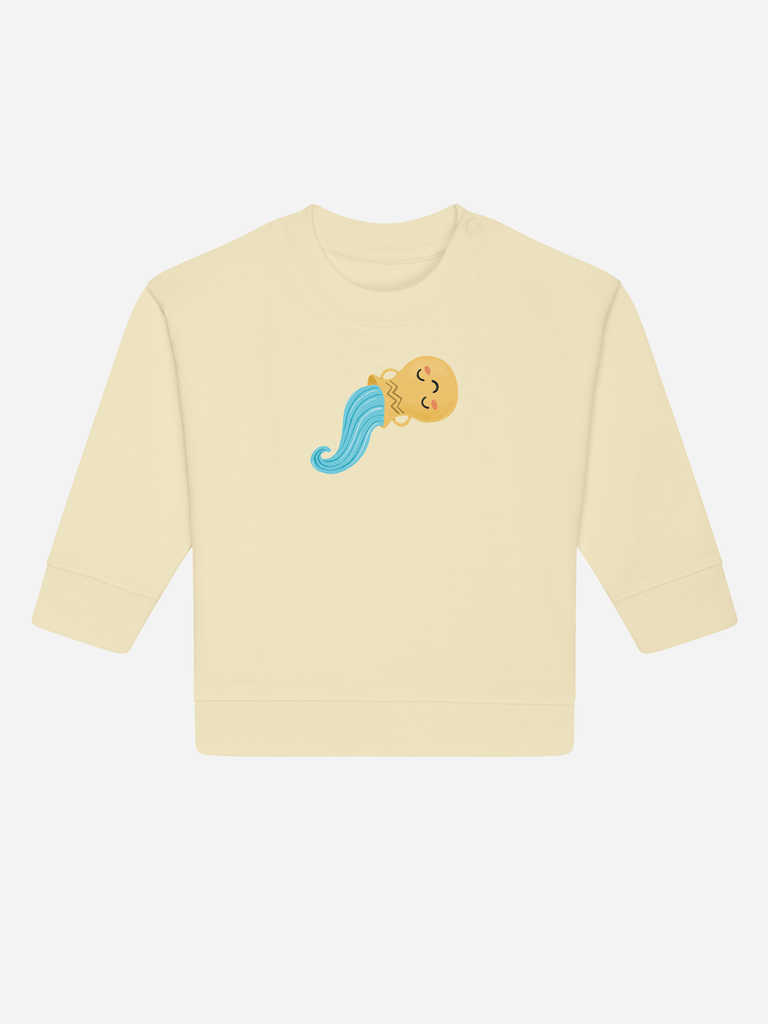 Geschenk für 2-jährige Jungs & Mädchen: Personalisierbarer Bio-Pullover (0–3 J.) 'Sternzeichen Wassermann', Frontansicht in Gelb