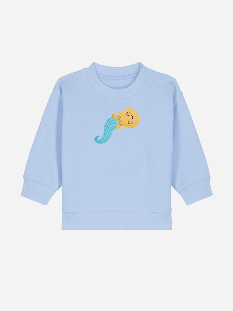 Geschenk für 2-jährige Jungs & Mädchen: Personalisierbarer Bio-Pullover (0–3 J.) 'Sternzeichen Wassermann', Frontansicht in Hellblau