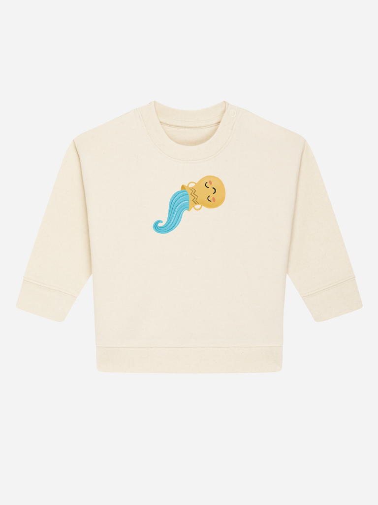 Geschenk für 2-jährige Jungs & Mädchen: Personalisierbarer Bio-Pullover (0–3 J.) 'Sternzeichen Wassermann', Frontansicht in Beige