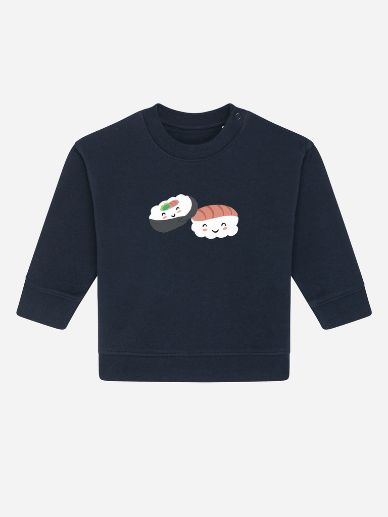 Personalisierter Bio-Sweater für Kinder mit Sushis, erhältlich in 8 Farben, perfekt als nachhaltiges Geschenk.