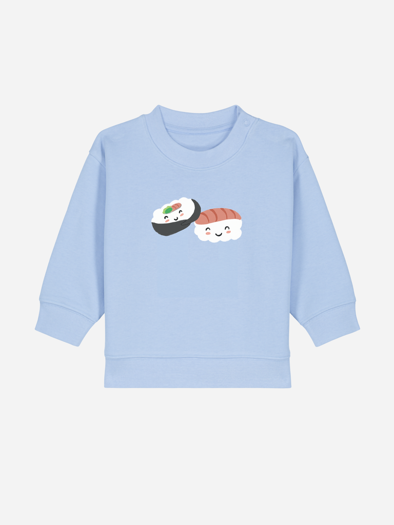 Personalisierter blauer Sweater für Kinder mit zwei niedlichen Sushi-Designs, nachhaltig und in 8 Farben erhältlich.