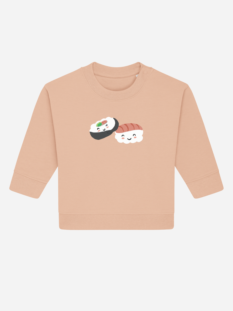 Personalisierter Baby-Sweater in Peach mit niedlichem Sushi-Motiv, nachhaltig und in 8 Farben erhältlich.