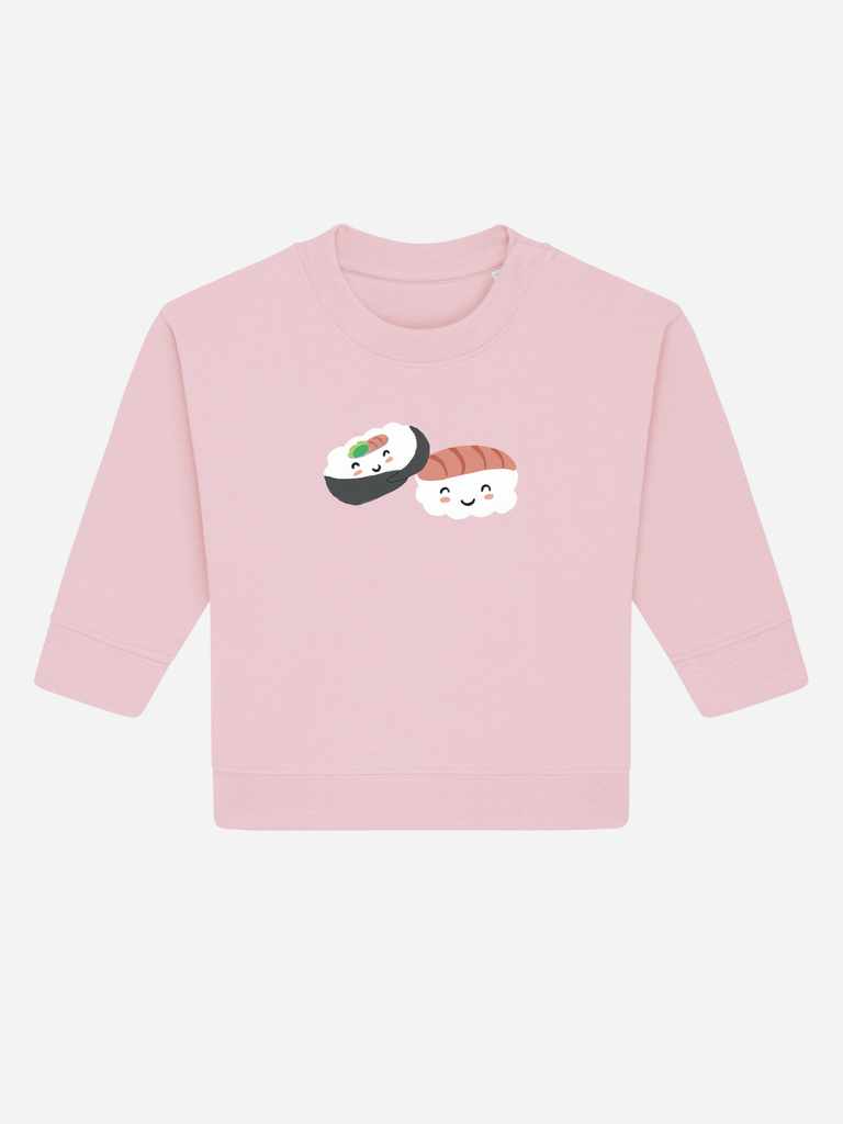 Personalisierter rosa Bio-Sweater für Kinder mit niedlichem Sushi-Design, nachhaltig und in 8 Farben erhältlich.