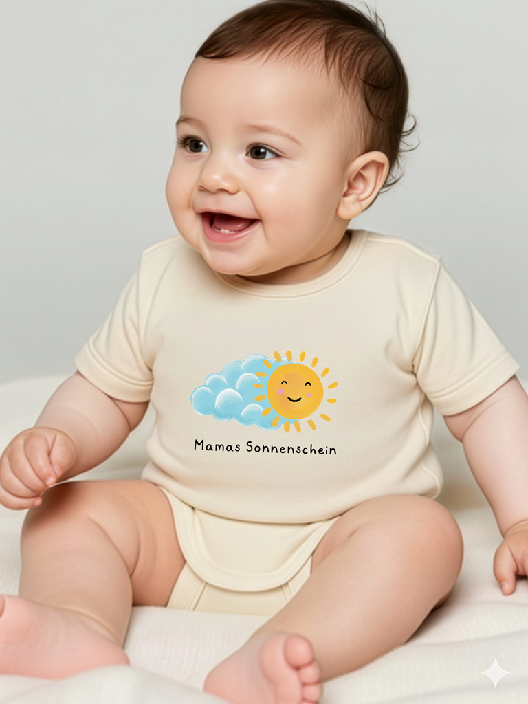 Bleibendes Geschenk zur Geburt oder Taufe: Tragebild: Personalisierter Baby-Body "Sonne" in 8 Farben erhältlich bei Liebe & Geschenke.