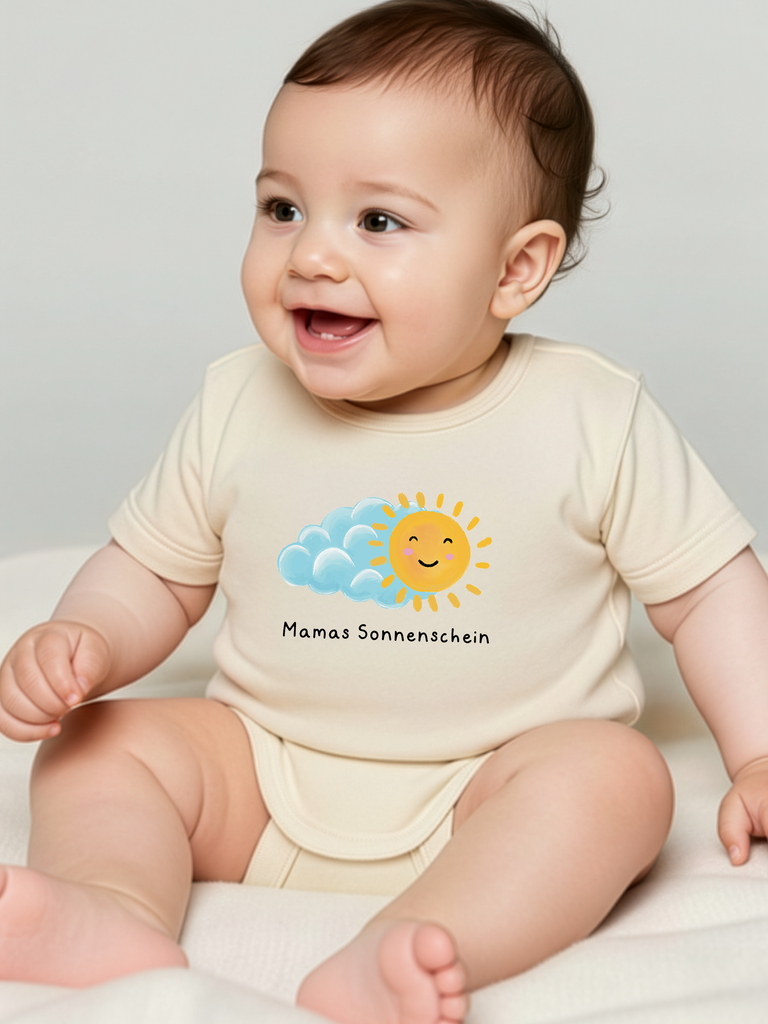 Bleibendes Geschenk zur Geburt oder Taufe: Tragebild vom personalisierten Baby-Body "Sonne" in 8 Farben erhältlich bei Liebe & Geschenke.