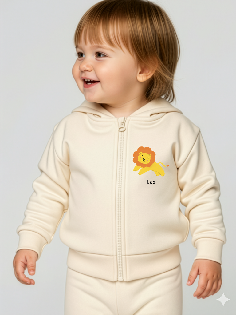 Cooles Babygeschenk: Tragebild personalisierbare Bio-Sweatjacke in 6 Farben erhältlich bei Liebe & Geschenke.
