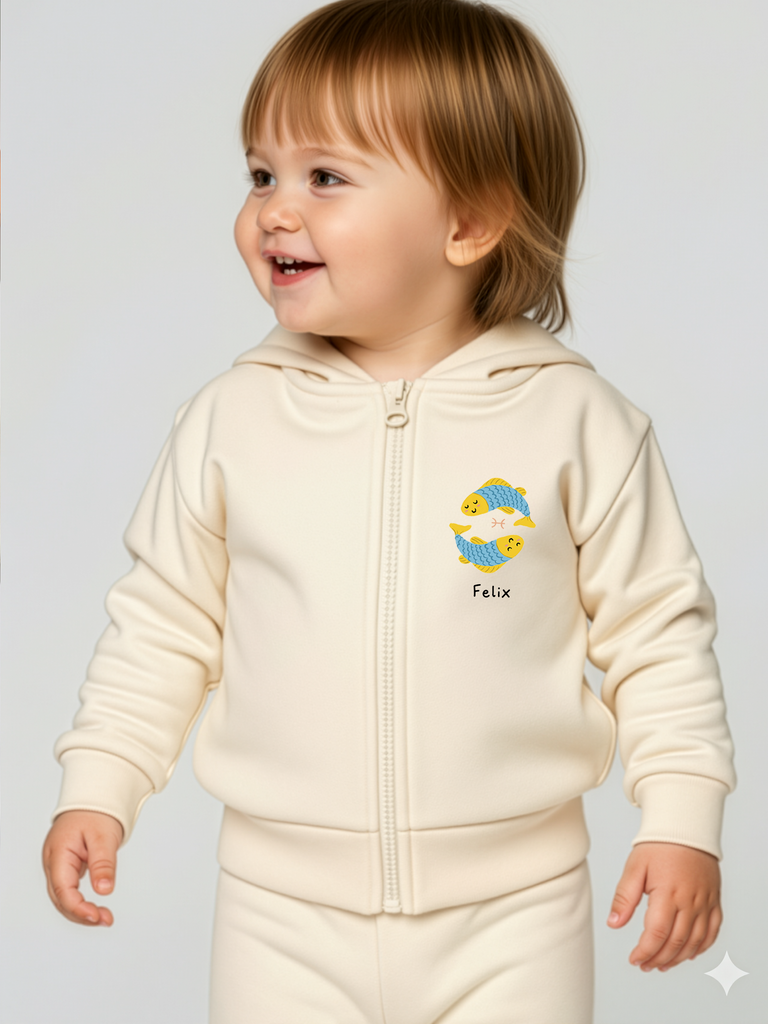 Geschenk zum 2. Geburtstag für Mädchen und Jungen: Tragebild ersonalisierbare Bio-Sweatjacke mit Sternzeichen Fische in 6 Farben erhältlich bei Liebe & Geschenke.