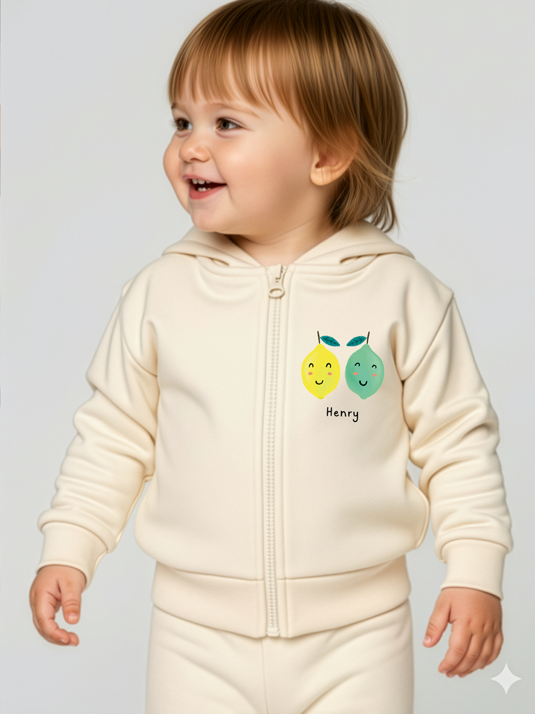 Geschenk zur Babyparty von Zwillingen: Tragebild personalisierbare Bio-Sweatjacke in 6 Farben erhältlich auf liebeundgeschenke.de.