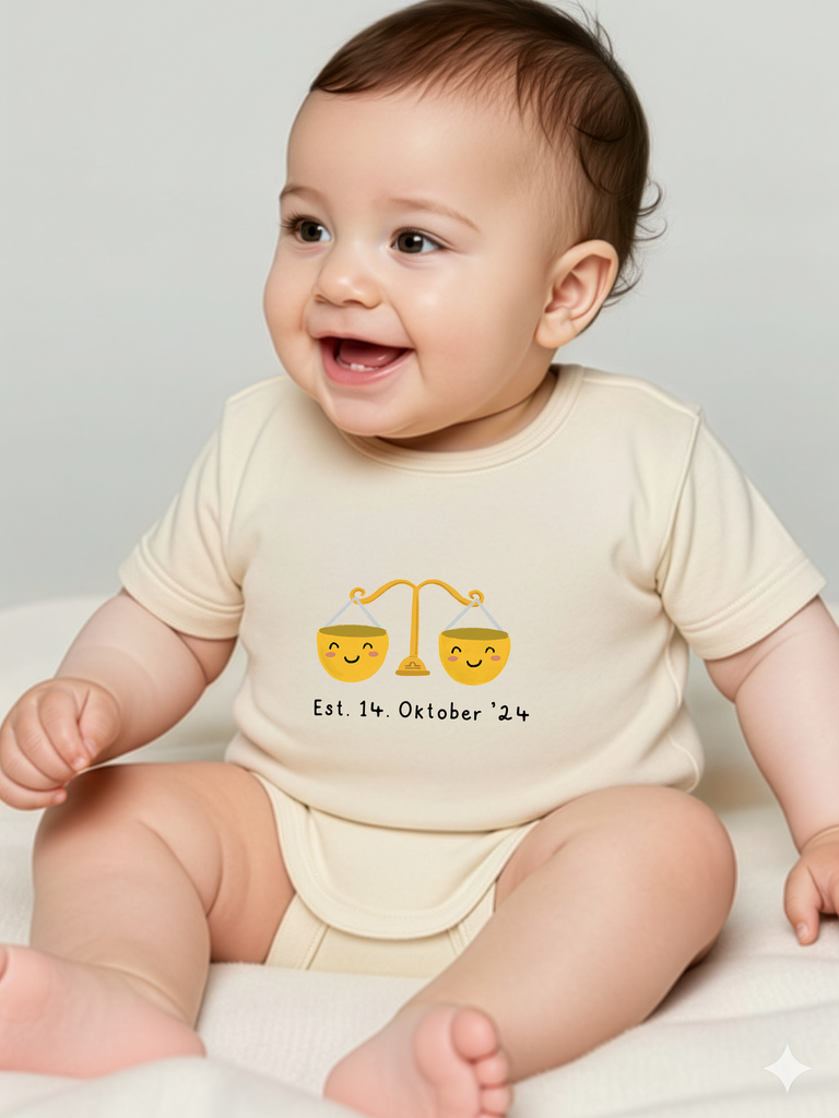 Geschenk zur Geburt für Mädchen oder Jungen: Tragebild: Personalisierter Baby-Body mit Sternzeichen Waage in 8 Farben erhältlich von Liebe & Geschenke.
