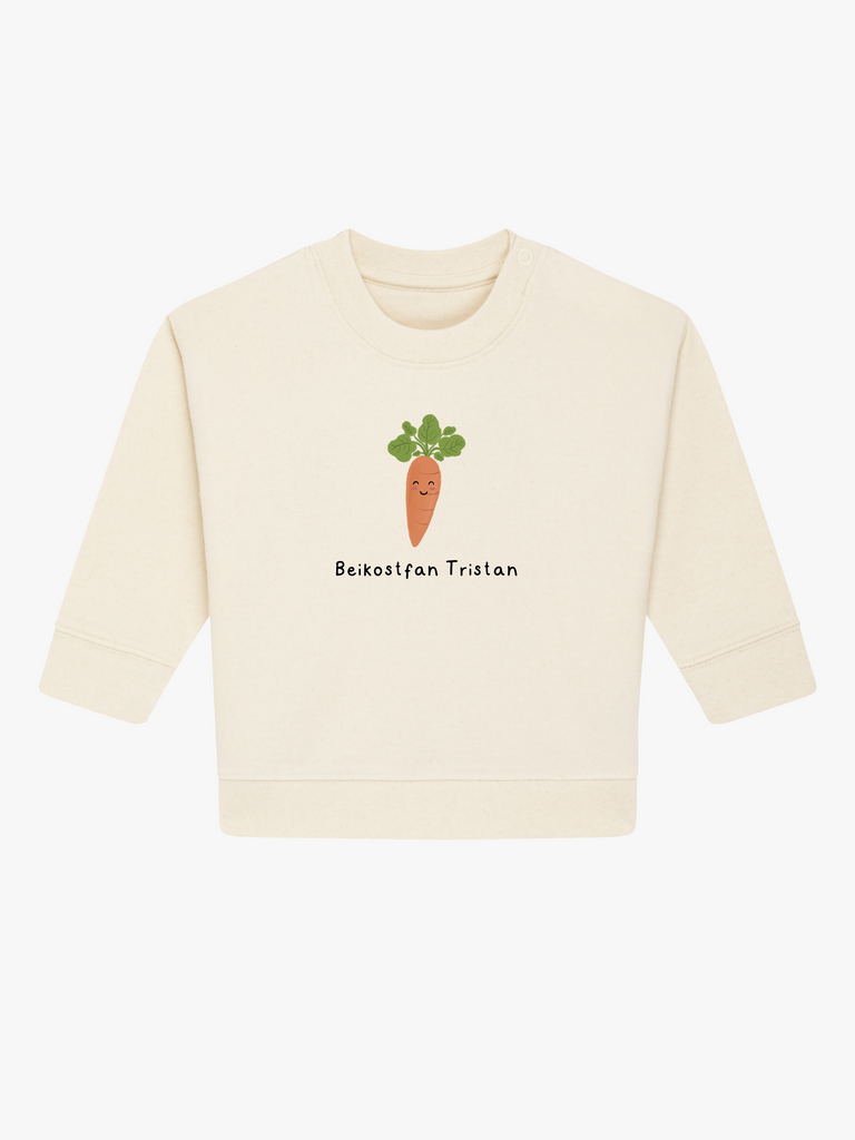 Individuelle Babykleidung: Personalisierbarer Bio-Pullover 'Karotte' in 6 Farben erhältlich auf liebeundgeschenke.de.