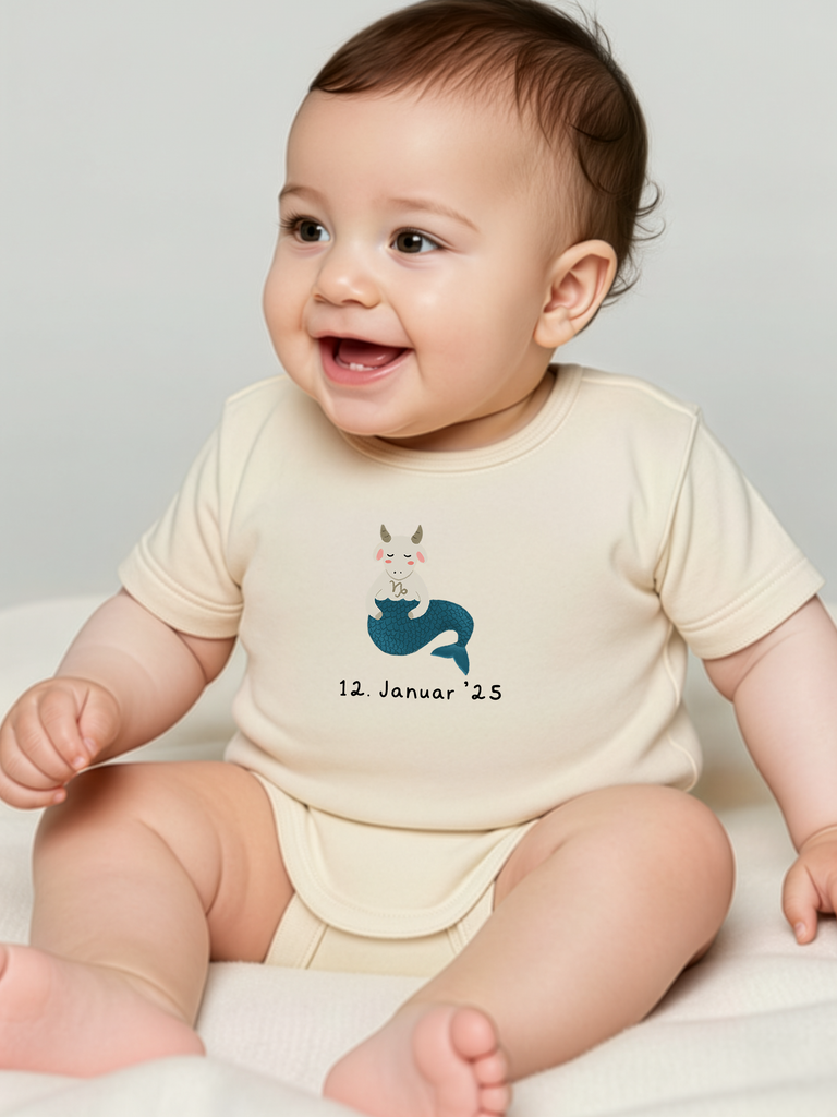Kreatives Geschenk zur Geburt: Tragebild vom personalisierten Baby-Body mit Sternzeichen Steinbock in 8 Farben erhältlich bei Liebe & Geschenke.