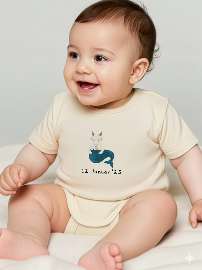 Kreatives Geschenk zur Geburt: Tragebild: Personalisierter Baby-Body mit Sternzeichen Steinbock in 8 Farben erhältlich bei Liebe & Geschenke.