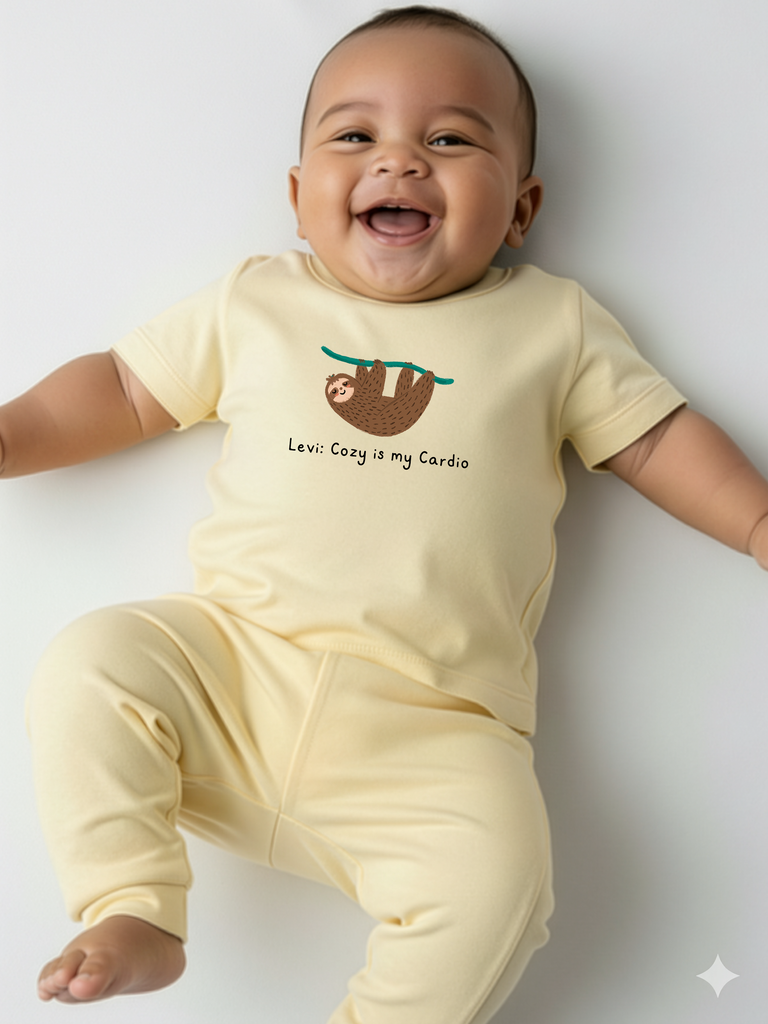 Neutrales Geschenk zur Babyparty: Tragebild: Personalisierbares Bio-T-Shirt in 8 Farben erhältlich auf liebeundgeschenke.de.