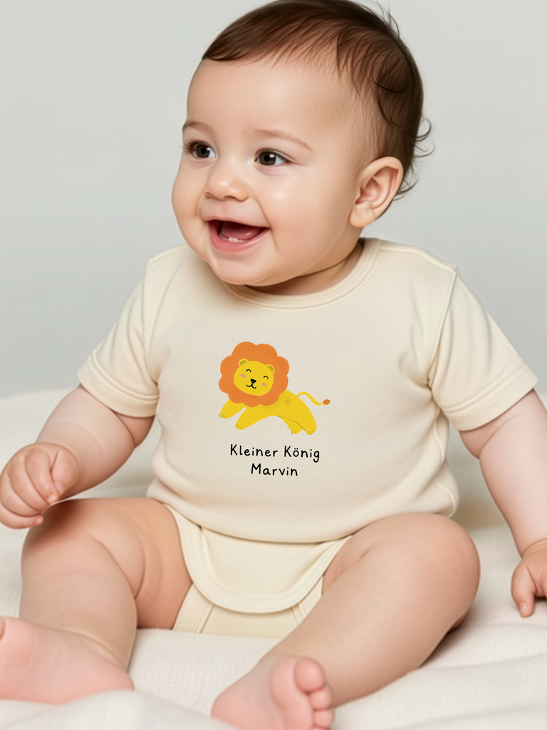 Originelles Geschenk zur Geburt: Tragebild vom personalisierten Baby-Body mit Sternzeichen Löwe in 8 Farben erhältlich von liebeundgeschenke.de.