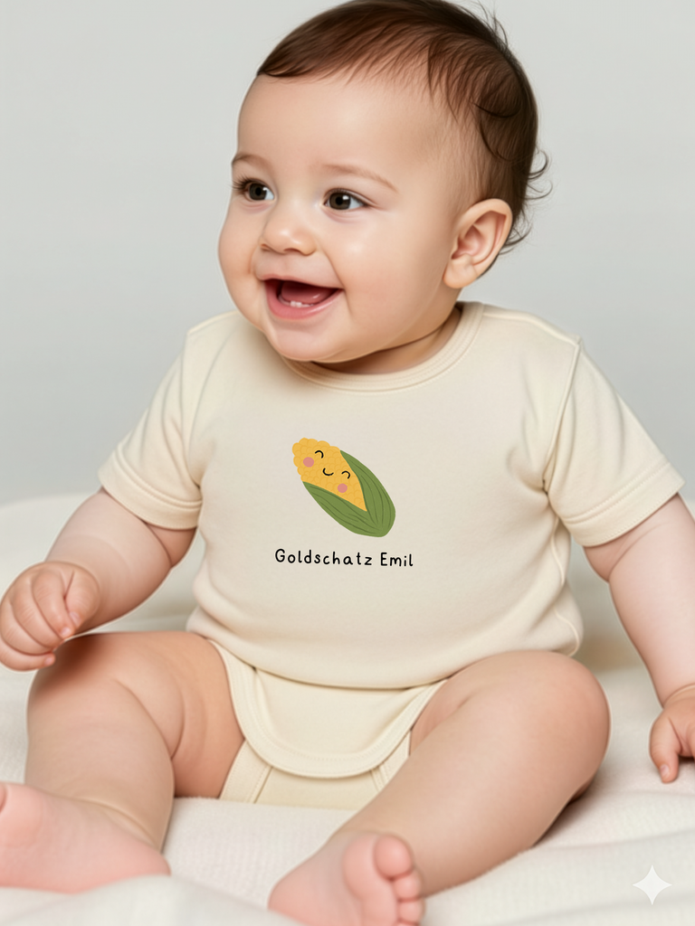 Persönliches Babygeschenk für Mädchen oder Jungen: Tragebild personalisierter Baby-Body 'Mais' in 8 Farben erhältlich auf liebeundgeschenke.de.