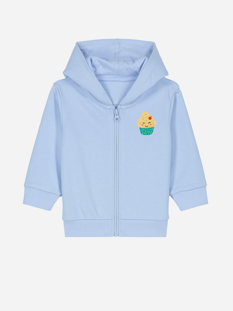 Personalisierbare Bio-Sweatjacke für Kleinkinder in Blau mit bunter Cupcake-Design, ideal für Geburtstagsfeiern.