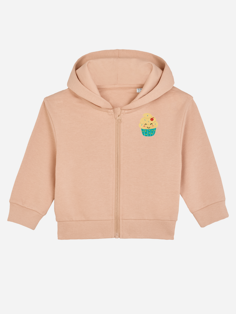 Personalisierbare Bio-Sweatjacke in sanften Pastellfarben mit süßem Cupcake-Design für Kinder