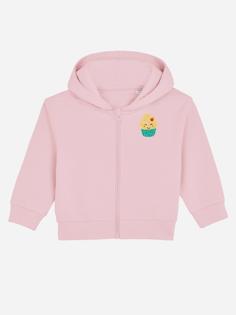 Personalisierbare Bio-Sweatjacke für Kinder in Rosa mit cupcake Design, ideal als Geschenk zum 2. Geburtstag.