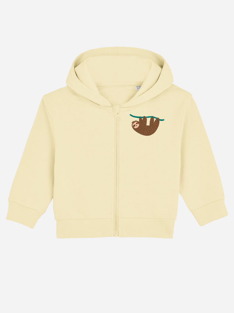 Personalizable bio sweat jacket for babies with sloth design, perfect for comfortable and fun baby gifts.