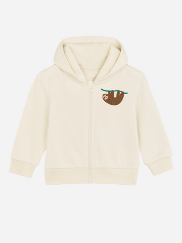 Personalisierbare Bio-Sweatjacke für Babys mit Faultier-Design, ideal als lustiges Babygeschenk.
