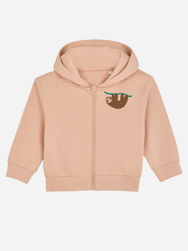 Personalisierbare Bio-Sweatjacke für Babys in Beige mit lustigem Faultier-Design, ideal als Geschenk