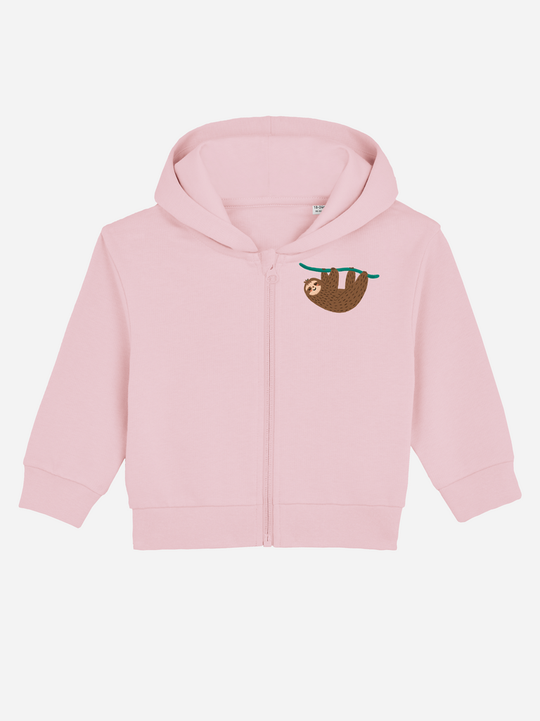 Personalisierbare rosa Bio-Sweatjacke mit Faultier-Motiv für Babys, ideal als lustiges Geschenk.