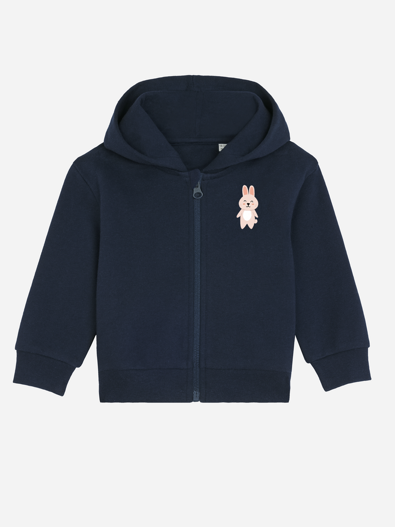 Personalisierbare Bio-Sweatjacke für Kinder mit Hase-Design, perfekt als Ostergeschenk.