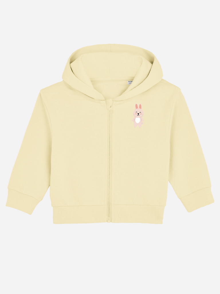 Zarte Bio-Sweatjacke für Kinder mit Hase, ideal als persönliches Ostergeschenk.