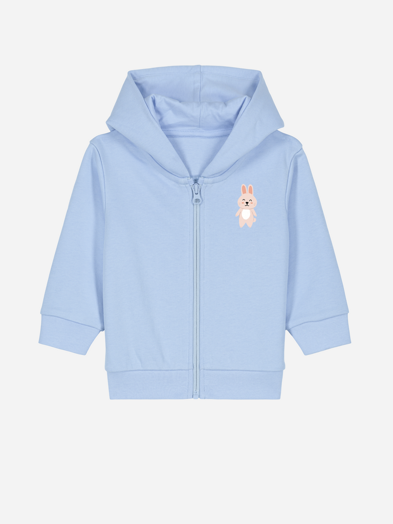 Personalisierbare Bio-Sweatjacke für Kinder in blau mit Hase-Design, ideal für Ostergeschenke.