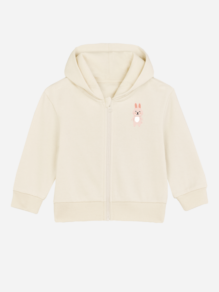 Personalisierbare Bio-Sweatjacke für Kinder mit Hase-Motiv, ideal als Ostergeschenk für kleine Abenteurer.