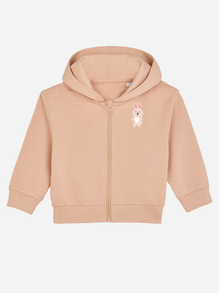 Personalisierbare Bio-Sweatjacke für Kinder in Rosa mit Hase-Design, perfekt als Ostergeschenk.