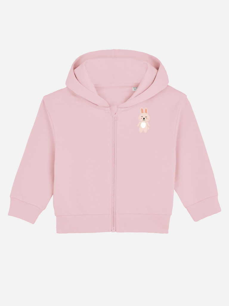 Personalisierbare Bio-Sweatjacke für Kinder in Rosa mit Hase-Druck, ideal als Ostergeschenk.