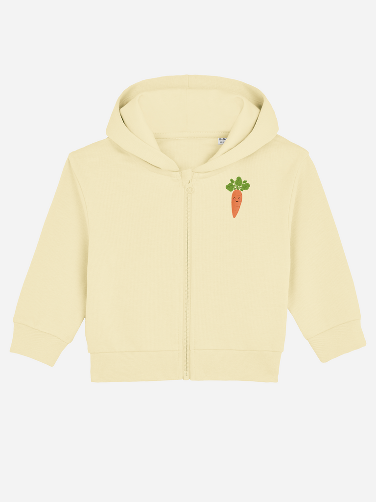 Personalisierbare Bio-Sweatjacke in Gelb mit Karotten-Motiv für Kinder (0–3 J.)