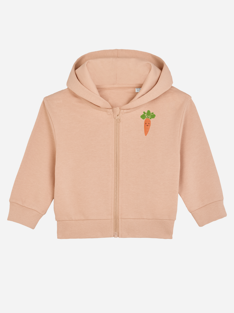 Personalized beige bio sweat jacket for kids with carrot design, perfect for layering and special occasions.