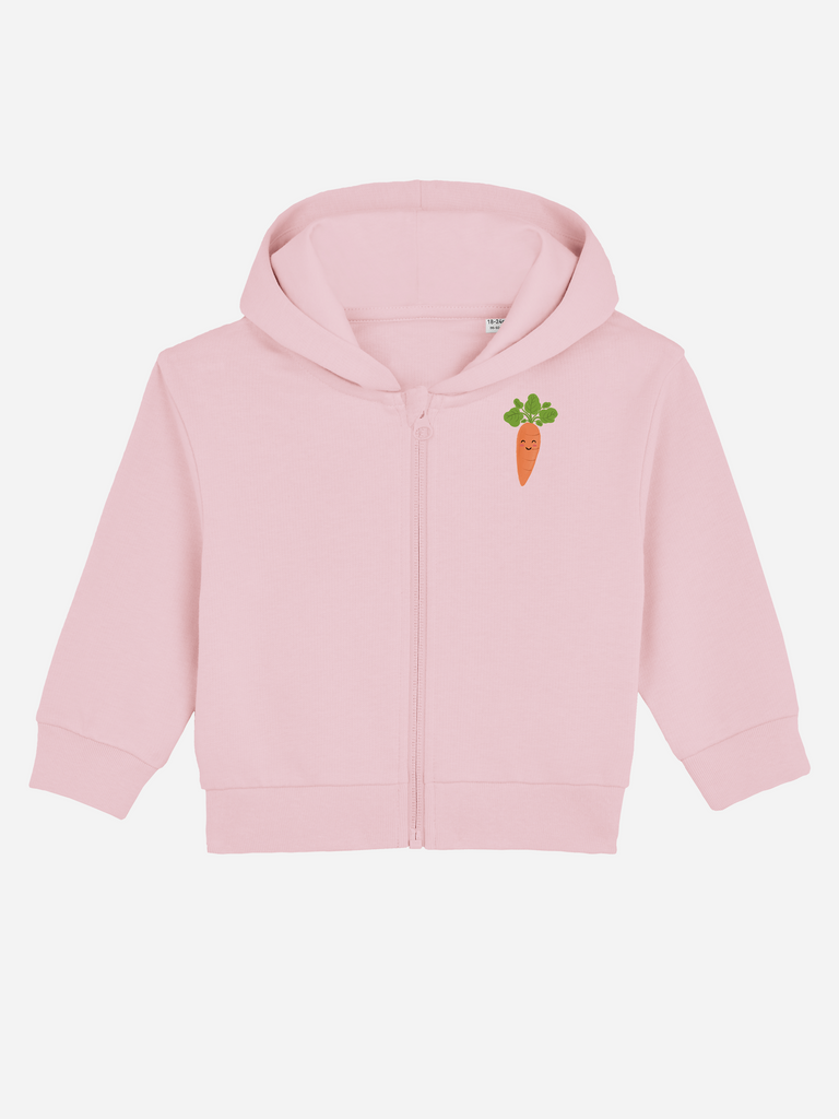 Pink personalized bio sweat jacket with carrot design for ages 0-3.