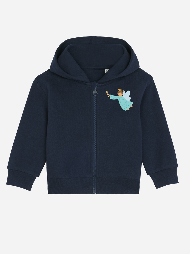 Unvergessliches Geschenk zur Taufe: Personalisierbare Bio-Sweatjacke mit dem Motiv 'Schutzengel', Frontansicht in Dunkelblau