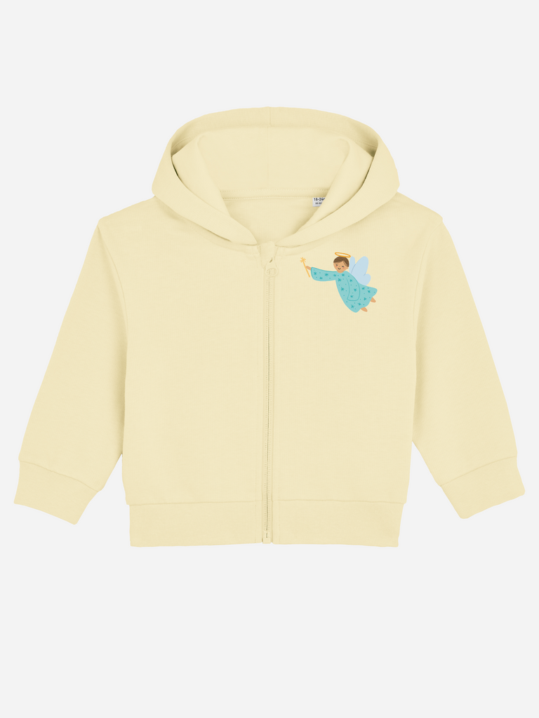 Unvergessliches Geschenk zur Taufe: Personalisierbare Bio-Sweatjacke mit dem Motiv 'Schutzengel', Frontansicht in Gelb