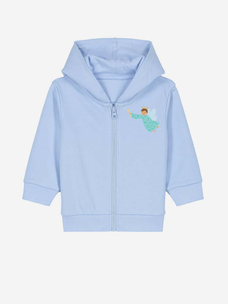 Unvergessliches Geschenk zur Taufe: Personalisierbare Bio-Sweatjacke mit dem Motiv 'Schutzengel', Frontansicht in Hellblau