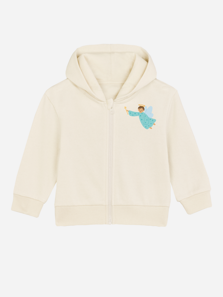 Unvergessliches Geschenk zur Taufe: Personalisierbare Bio-Sweatjacke mit dem Motiv 'Schutzengel', Frontansicht in Beige