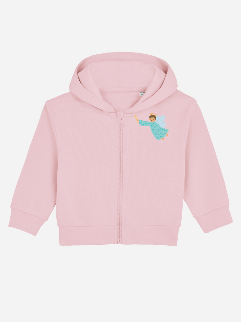 Unvergessliches Geschenk zur Taufe: Personalisierbare Bio-Sweatjacke mit dem Motiv 'Schutzengel', Fronsansicht in Rosa