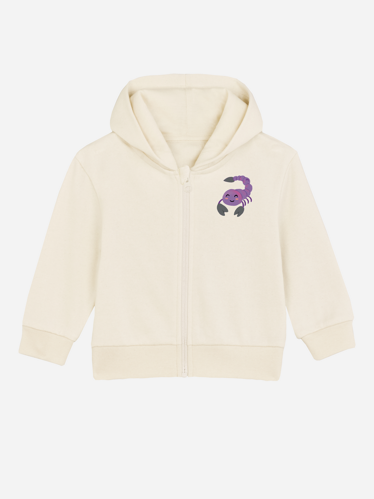Praktisches Geschenk zum 1. Geburtstag: Personalisierbare Bio-Sweatjacke (0–3 J.) 'Sternzeichen Skorpion', Frontansicht in Beige