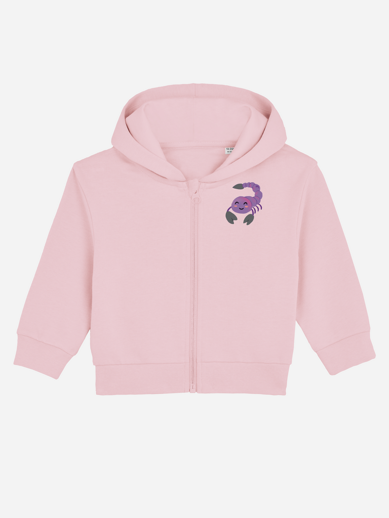Praktisches Geschenk zum 1. Geburtstag: Personalisierbare Bio-Sweatjacke (0–3 J.) 'Sternzeichen Skorpion', Frontansicht in Rosa