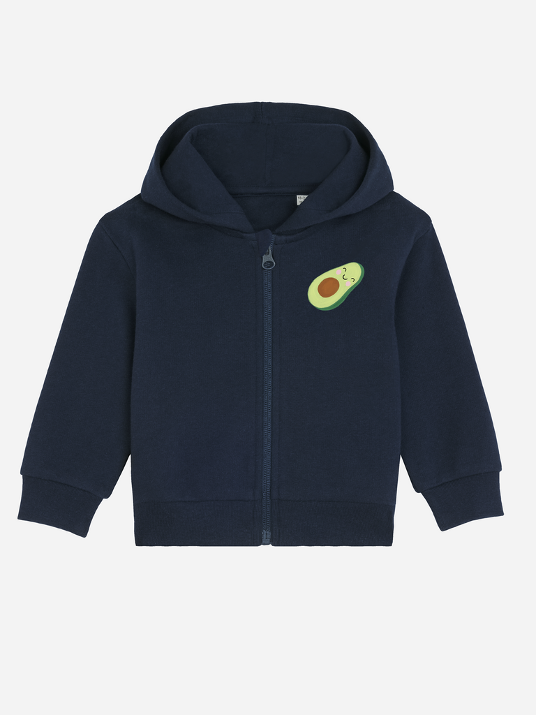 Personalisierbare Bio-Sweatjacke (0–3 J.) 'Avocado' in navy mit niedlichem Avocado-Motiv, ideales Geschenk zur Geburt.
