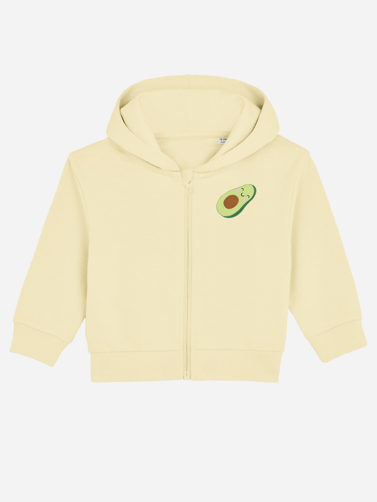 Personalisierbare Bio-Sweatjacke (0–3 J.) 'Avocado' mit niedlichem Motiv in Gelb.