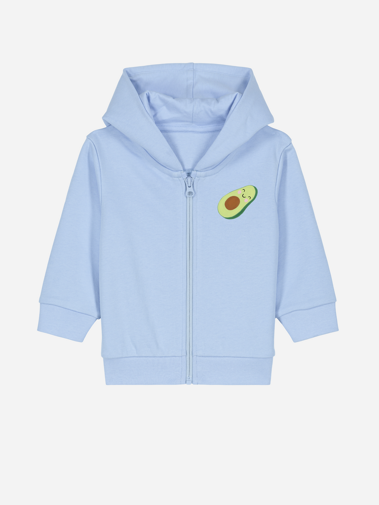 Personalisierbare Bio-Sweatjacke (0–3 J.) in Blau mit Avocado-Motiv für Jungen und Mädchen, ideal als Geschenk zur Geburt.