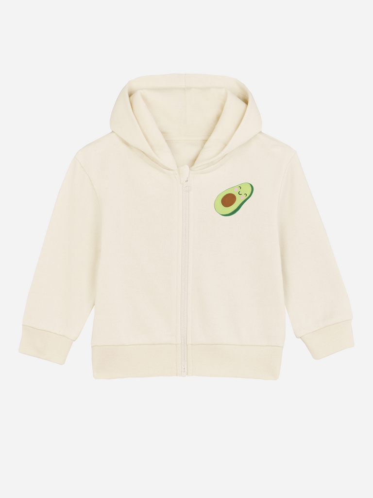 Personalisierbare Bio-Sweatjacke (0–3 J.) mit Avocado-Motiv, ideal als Geschenk zur Geburt.