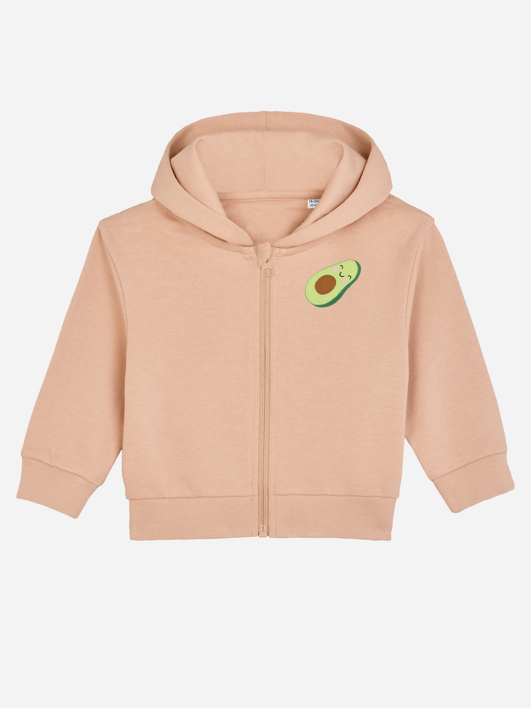 Personalisierbare Bio-Sweatjacke (0–3 J.) mit niedlichem Avocado-Motiv in Pfirsichfarbe.